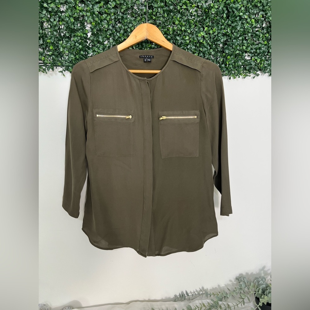 Theory‎ 100% Silk Military Zipper Pocket Olive Green Quiet Luxury Blouse Small